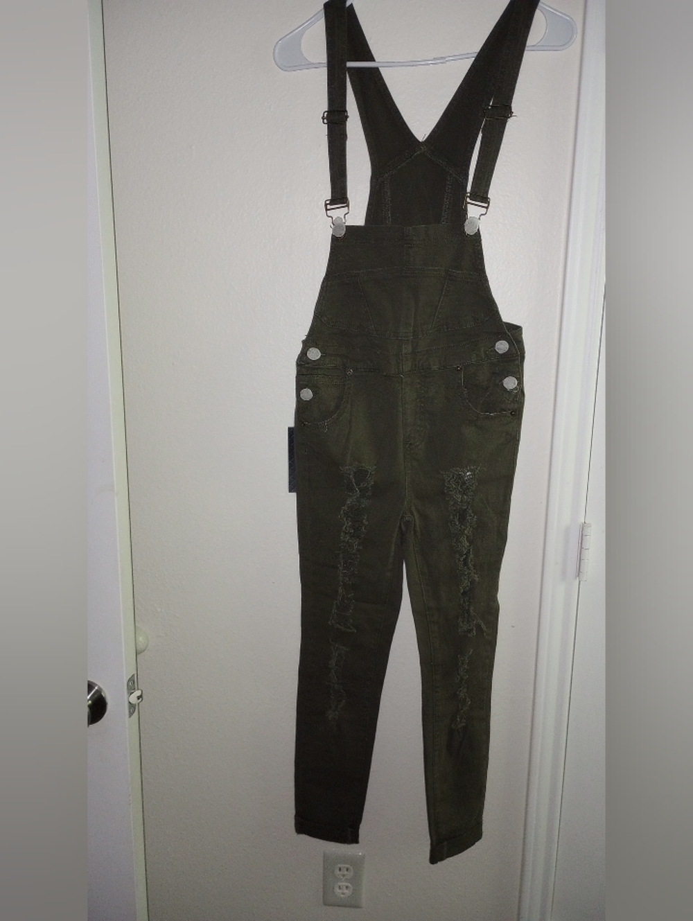 Twiin Sisters Women's Fashion Olive Ripped Distressed Skinny Legs Overalls